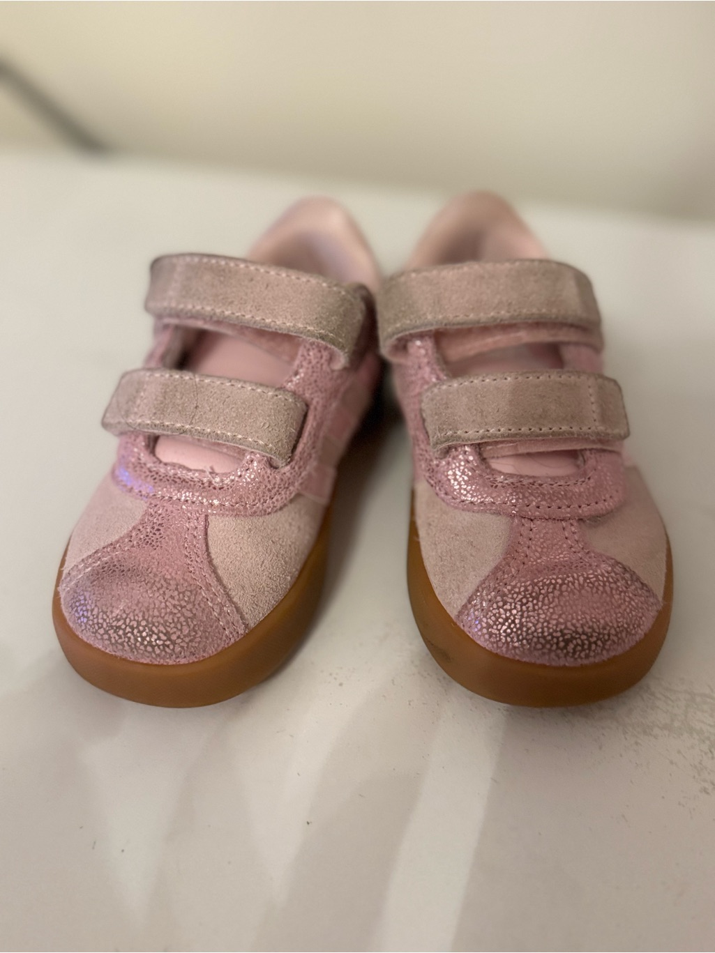 Adidas Girls Pink Hook-And-Loop Sneakers With Gum Sole